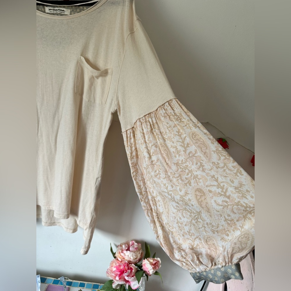 Free People Jade Printed Sleeve Cream Pocket Elegant Women's Top S M L - Picture 9 of 12